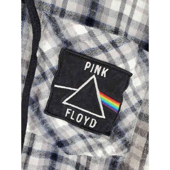 Pink Floyd Hooded Flannel Shirt Men M Black White Plaid Dark Side Of Moon '73 LS - Picture 8 of 11
